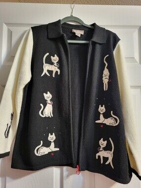 Tan Jay Large Cat Zip Cardigan - Black with Cream Cats